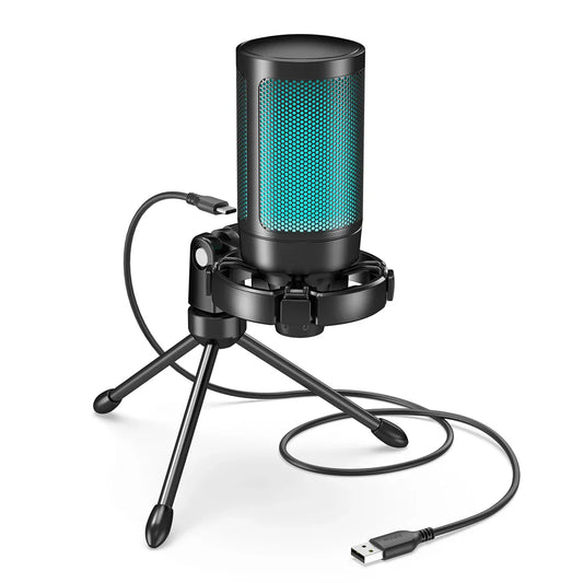 Black usb gaming microphone ampliGame by FIFINE with teal mesh grille light-touch mute condenser for laptop streaming-a2