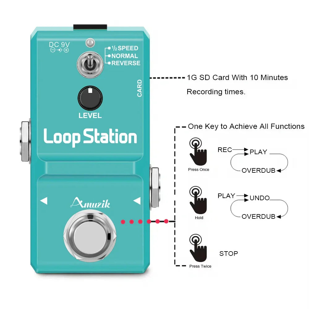 Teal amuzik guitar bass rhythm looper pedal with silver knobs and central control for station unlimited overdub use