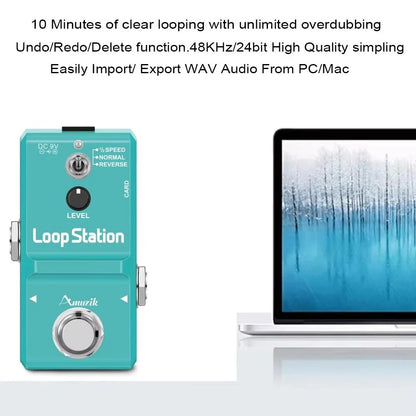 Teal amuzik guitar bass keyboard rhythm looper pedal with silver knobs supports mono audio jack and memory card recording
