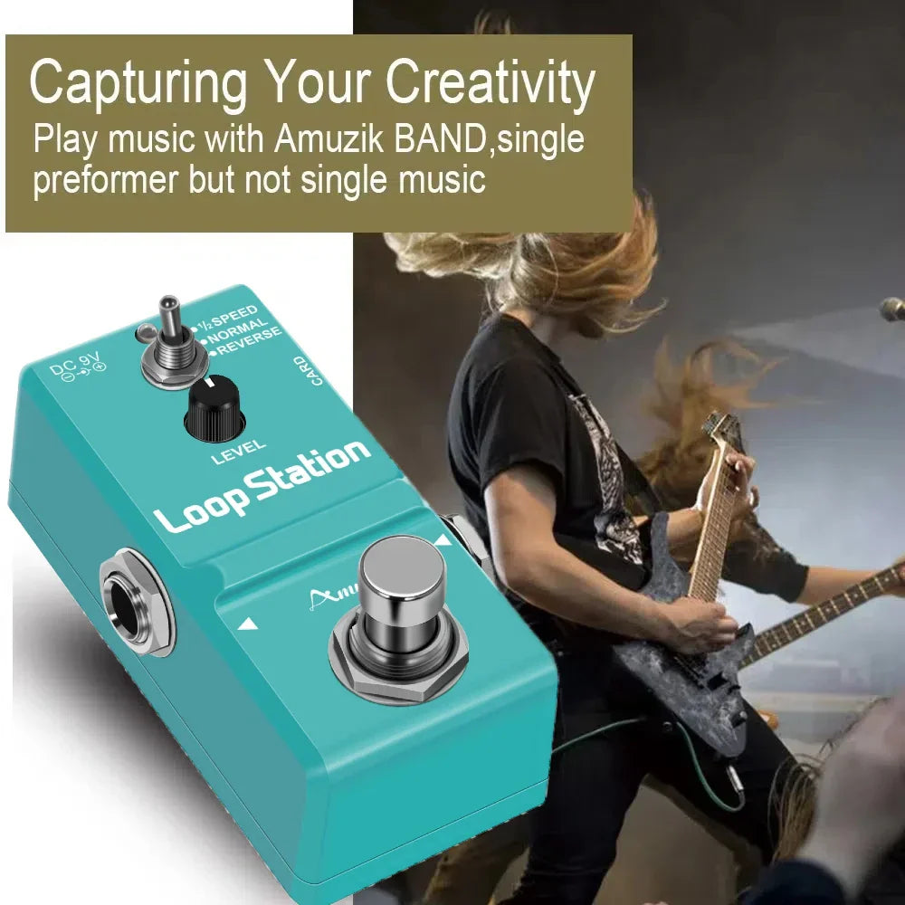 Teal amuzik guitar bass rhythm looper pedal with silver knobs metallic footswitch for station unlimited overdub use