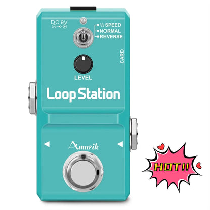 Teal amuzik guitar bass keyboard rhythm looper pedal with silver knobs footswitch supports memory card and mono audio jack