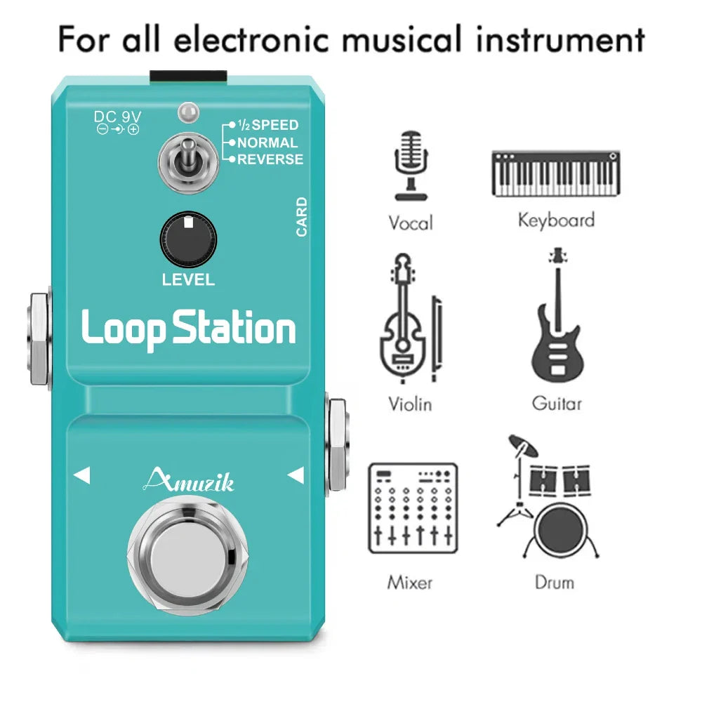 Teal amuzik guitar bass keyboard rhythm looper pedal with silver knobs footswitch mono audio jack and memory card support