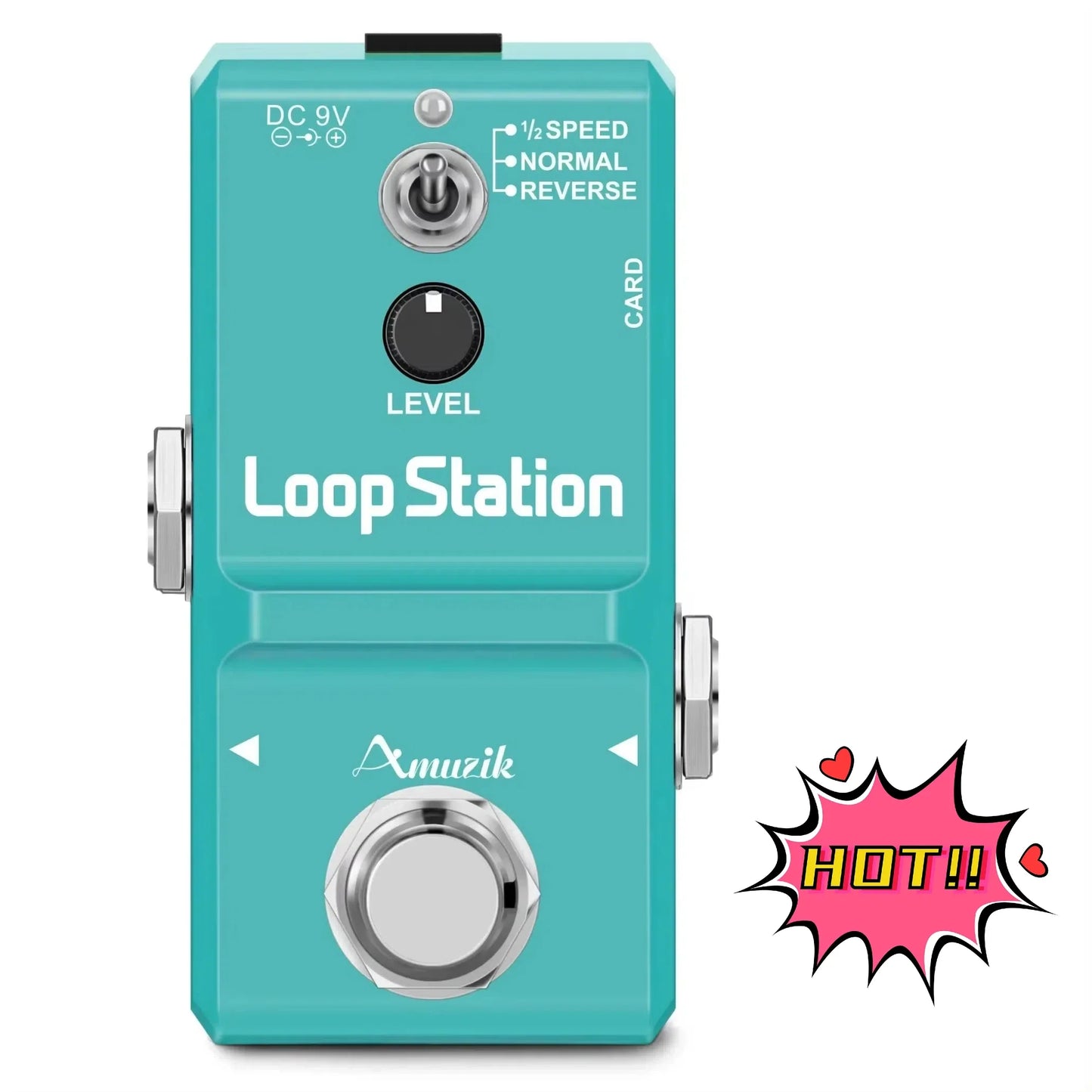 Teal amuzik loop station pedal with silver knobs and footswitch supports mono audio jack and memory card recording
