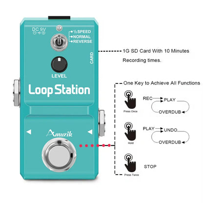 Teal amuzik guitar bass keyboard rhythm looper pedal with silver knobs and mono audio jack for unlimited overdub recording