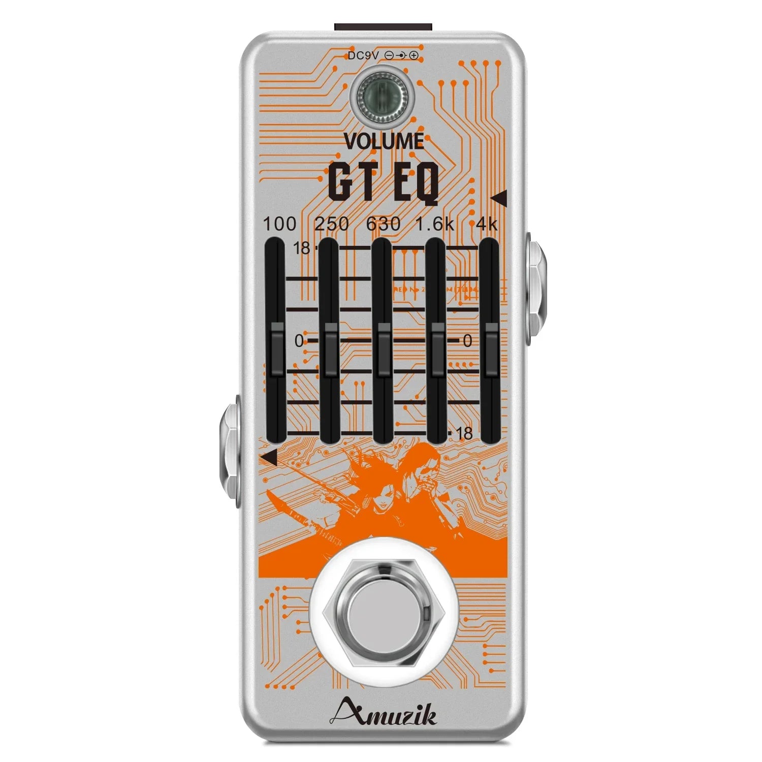 Silver amuzik guitar equalizer pedal with orange circuit board graphics and black volume knobs featuring parametric eq