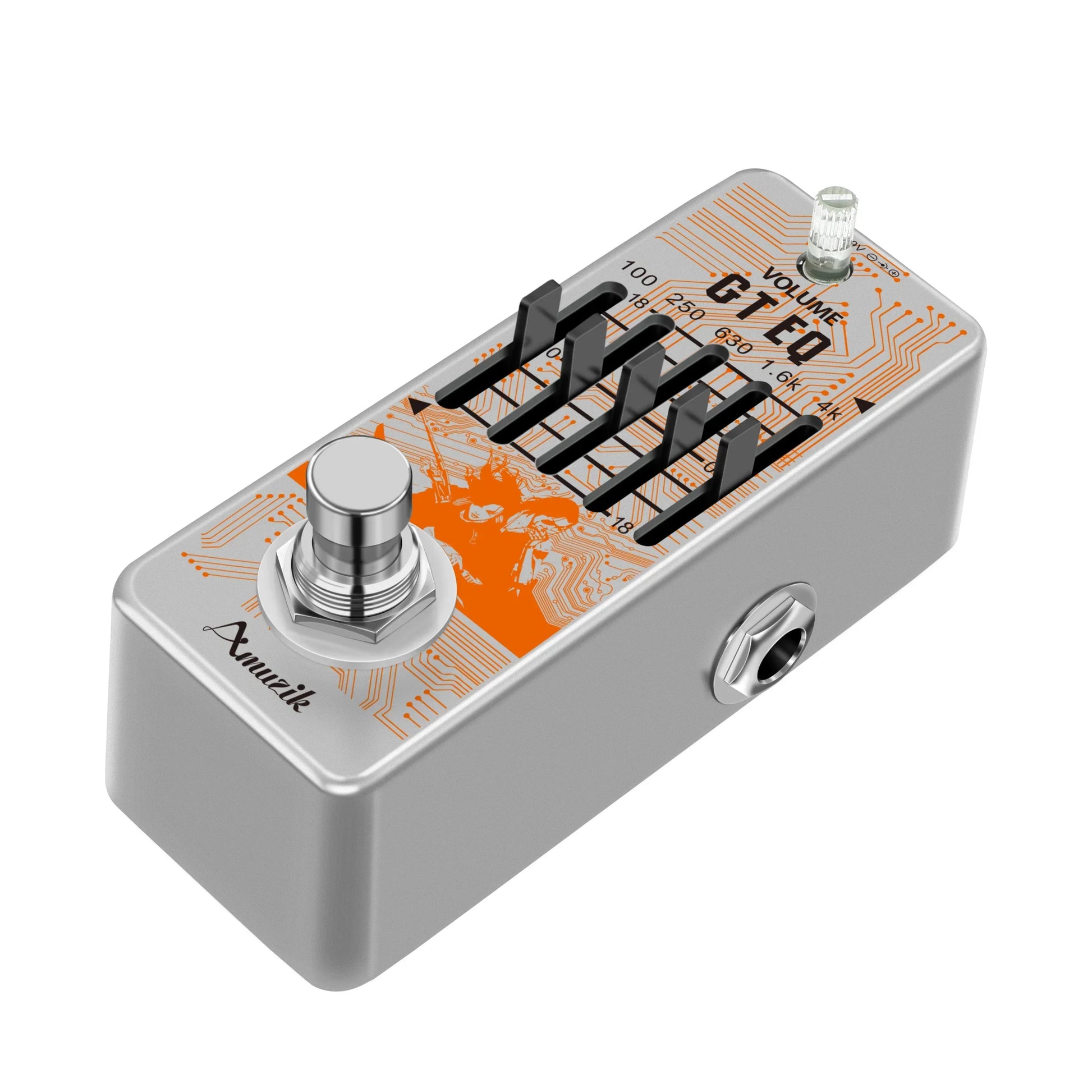 Silver amuzik guitar equalizer pedal with orange circuit board design and black sliders featuring 5-band parametric eq frequency compensator