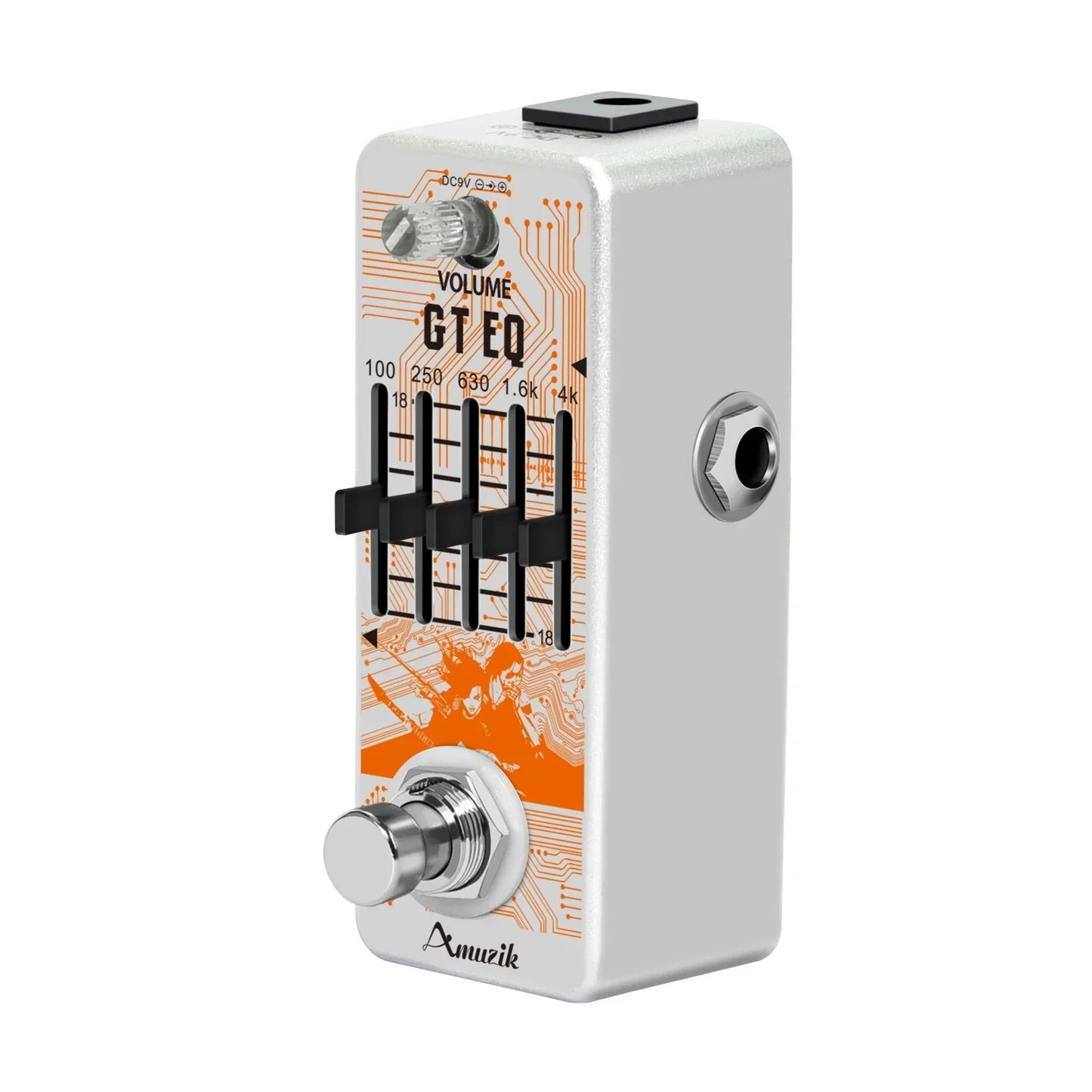 Silver amuzik guitar equalizer pedal with orange circuit board and black knobs parametric eq guitar frequency compensator