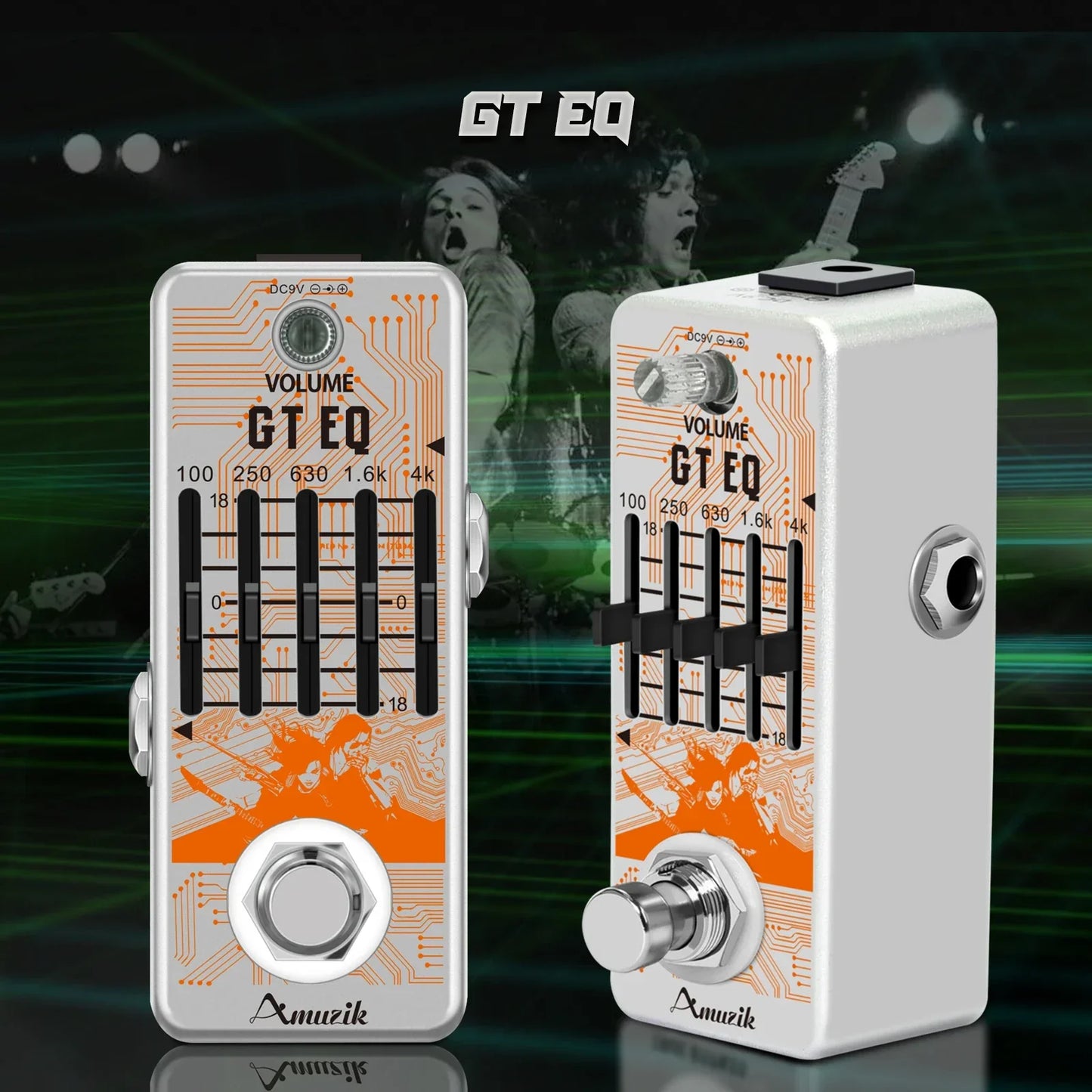 White amuzik guitar equalizer pedal with orange circuit board design and silver knobs for parametric eq guitar use