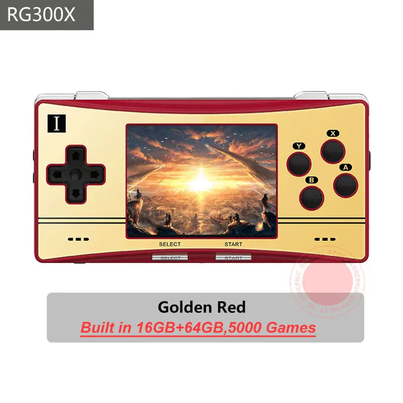 Anbernic rg300x retro handheld game console in golden red with cream body and black controls perfect games kids gift