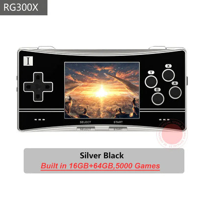 Silver and black anbernic rg300x retro handheld game console with curved screen and classic controls games kids gift