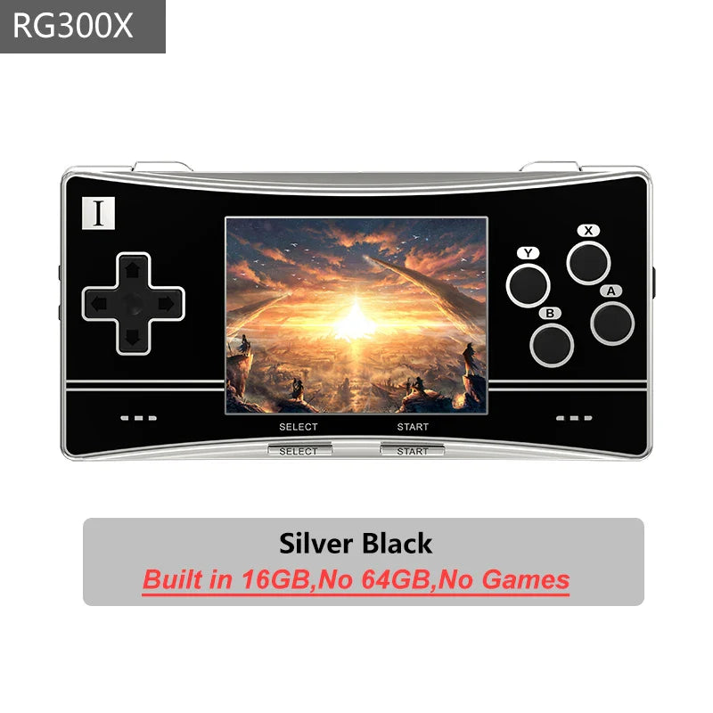 Silver and black anbernic rg300x retro handheld game console with curved screen showing sunset, games kids gift ideal