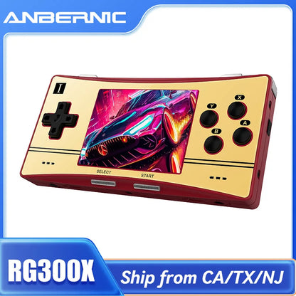 Red and gold anbernic rg300x retro handheld game console with black buttons supports hd out and built in 5000 games kids gift