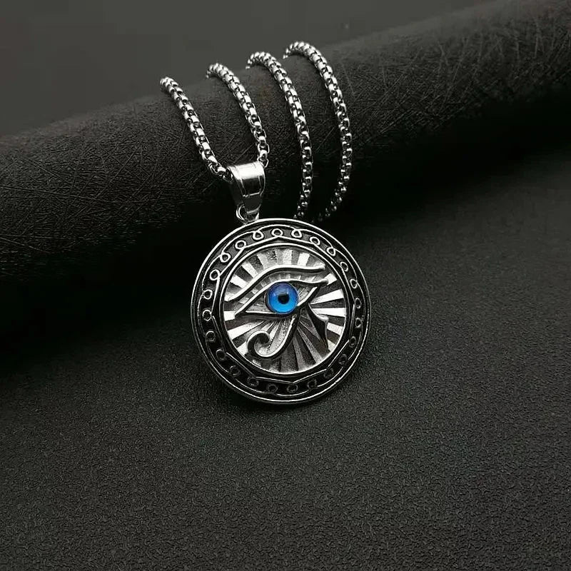 Silver horus pendant necklace with detailed eye of horus design and blue inlay, perfect ancient egyptian mythology amulet jewelry gift