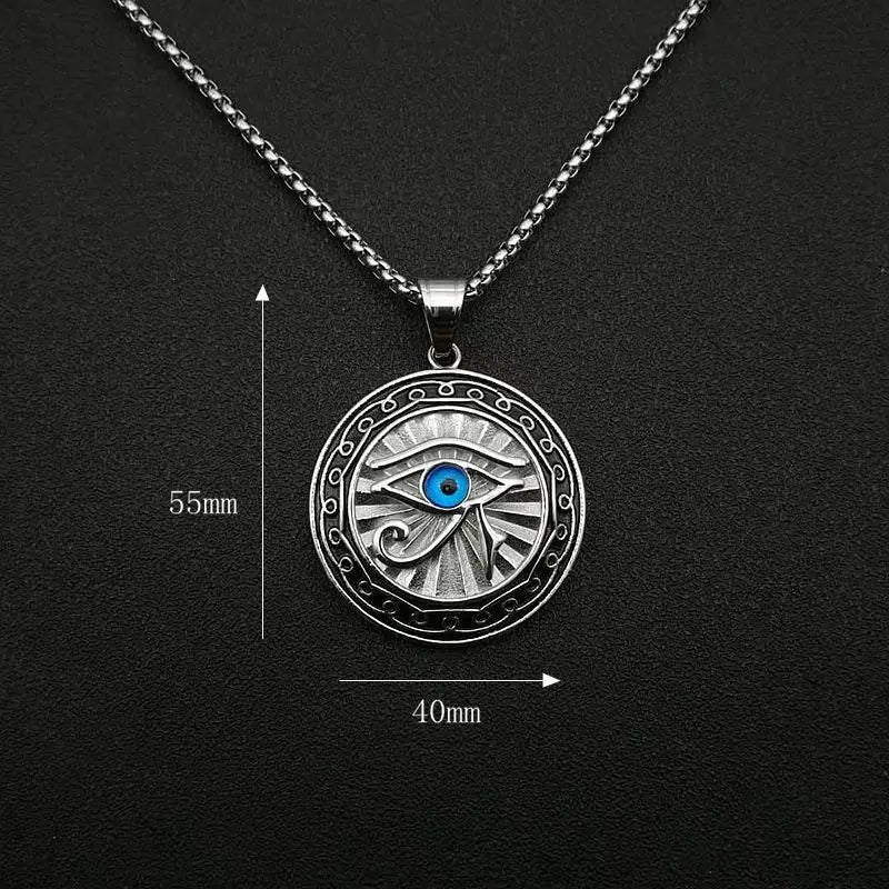 Silver horus pendant necklace with blue eye center featuring ancient egyptian mythology design amulet jewelry gift