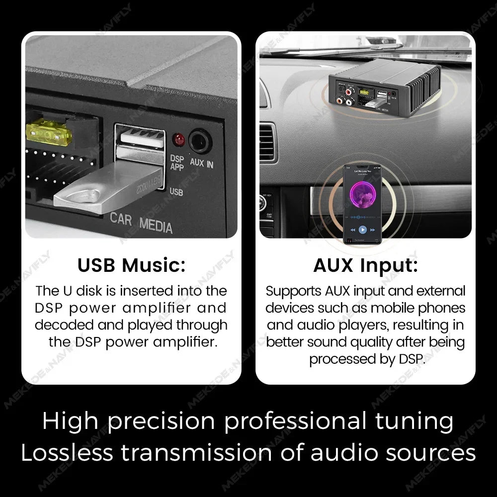 Black android radio dsp audio processor power amplifier with usb and aux inputs and silver metal usb drive inserted