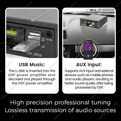 Black android radio dsp audio processor power amplifier with usb and aux inputs and silver metal usb drive inserted