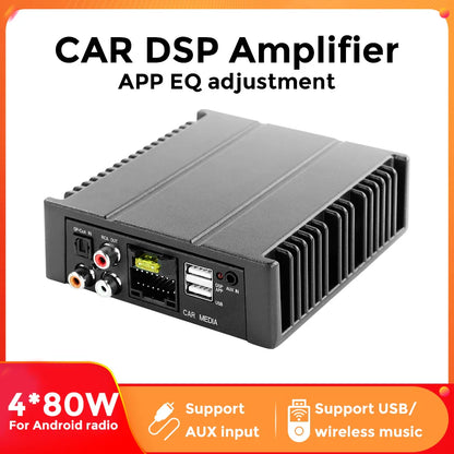 Black rectangular android radio dsp power amplifier with ribbed heat sink and multiple ports for original car sound effect
