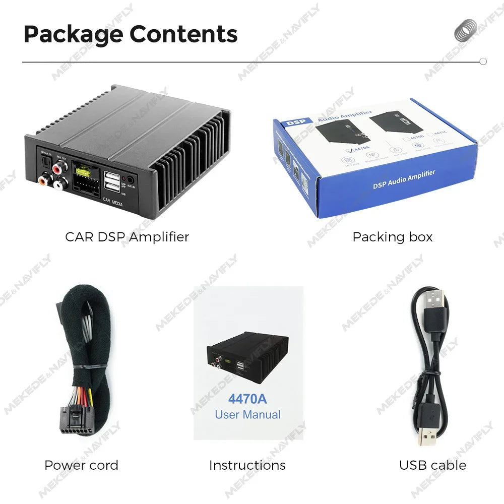Black rectangular android radio dsp audio processor power amplifier with ribbed heat sink and multiple input output ports