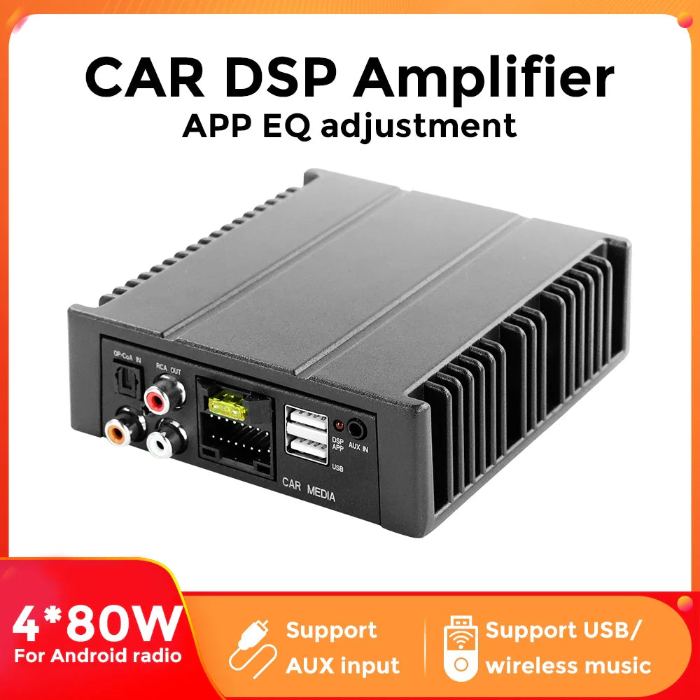 Black rectangular android radio dsp audio processor power amplifier with ribbed heat sink and multiple input output ports