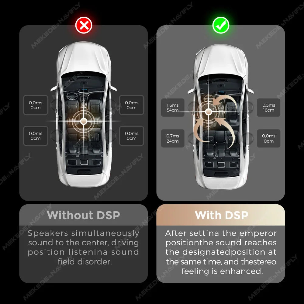 White car with android radio dsp audio processor and power amplifier installed for enhanced original car sound effect
