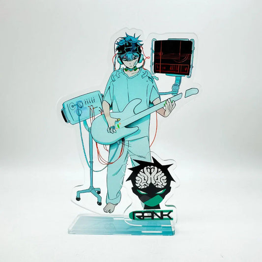 Teal acrylic anime alien stage standee featuring sua mizi ivan in surgical scrubs playing guitar with brain logo base