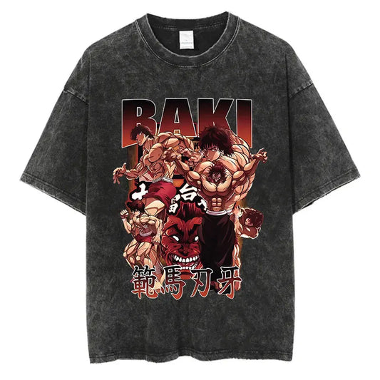 Black distressed cotton anime baki haman t-shirt with vibrant graphic and bold red orange lettering hip hop streetwear