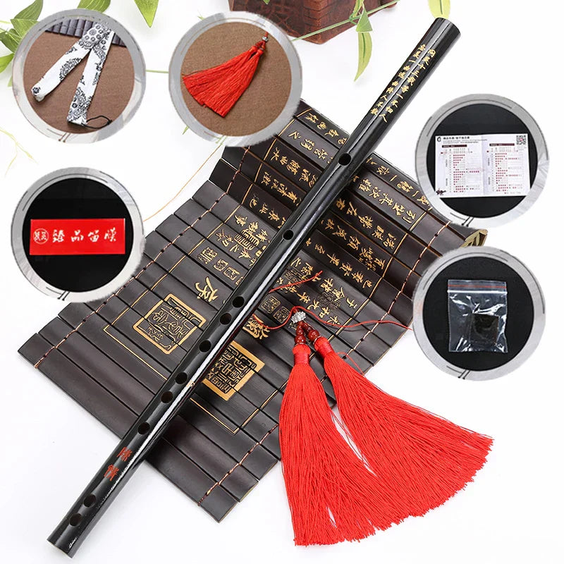 Black bamboo wei wuxian flute with gold engraved characters and red tassels anime mo dao chinese dizi transversal