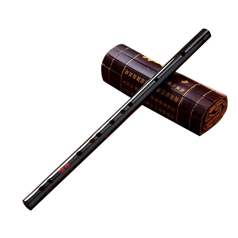 Black bamboo wei wuxian flute with red decorative markings beside matching case for anime mo dao chinese dizi transversal