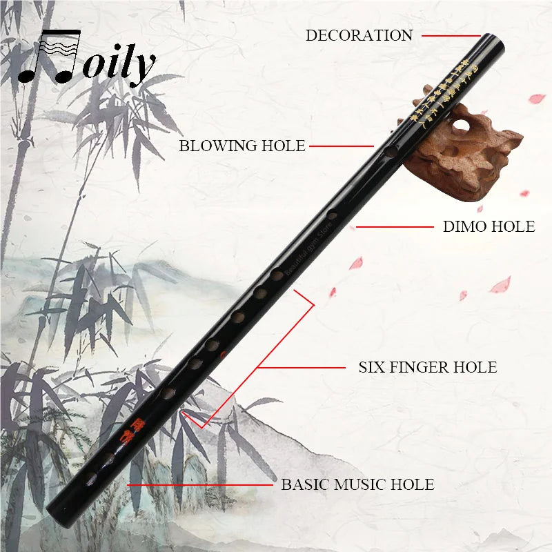Black lacquered Chinese dizi transversal flute with gold engravings and carved wooden rest for anime mo dao wei wuxian cosplay