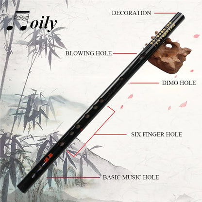 Black lacquered Chinese dizi transversal flute with gold engravings and carved wooden rest for anime mo dao wei wuxian cosplay