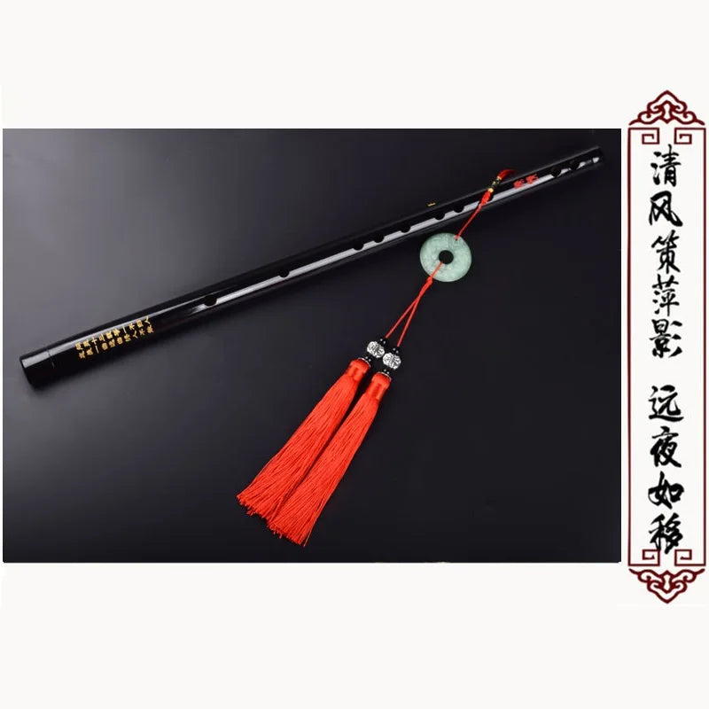 Black lacquered wei wuxian flute anime mo dao with gold engravings jade disc and red tassel chinese dizi transversal