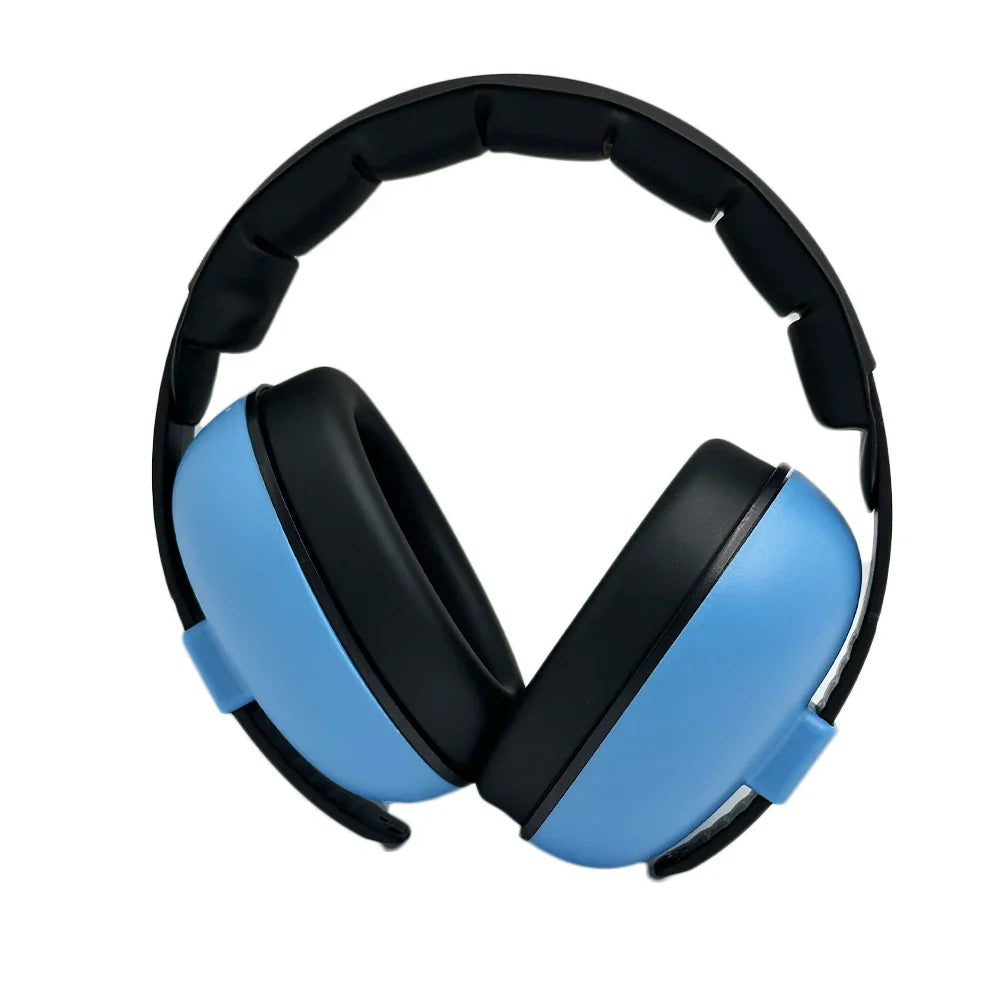 Blue and black kids ear protection earmuffs with noise cancelling feature and soft padded headband for sound reduction