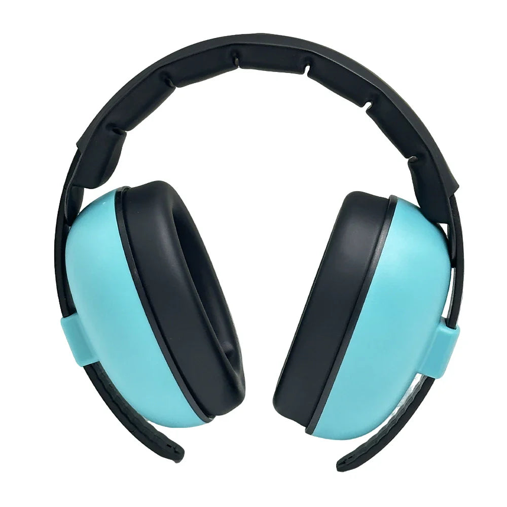 Light blue and black kids ear protection earmuffs with noise cancelling and soft padded headband for sound reduction