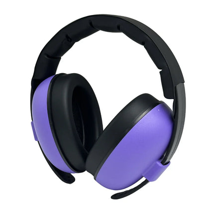 Purple and black kids noise cancelling headphones with soft padded ear cups for effective ear protection