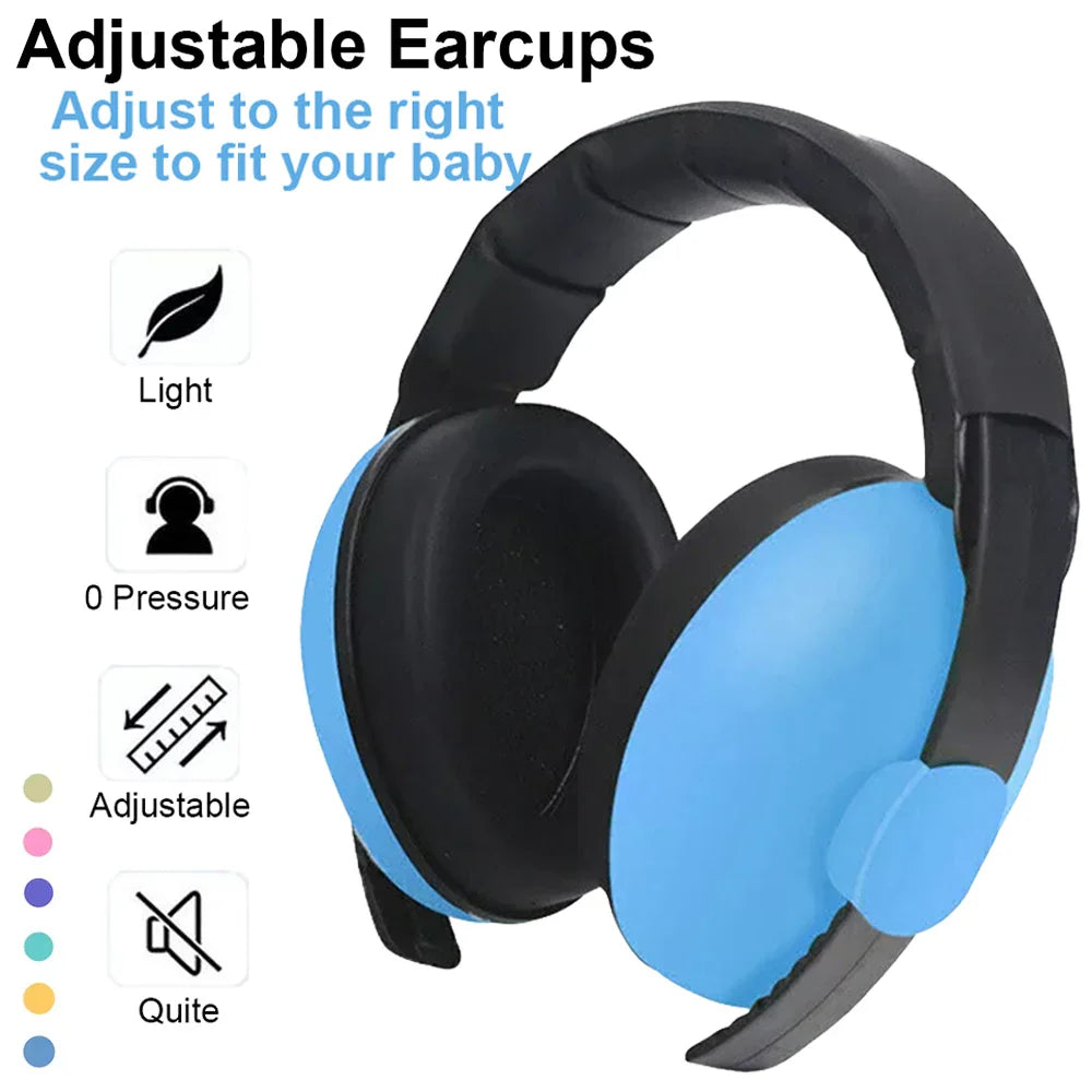 Blue and black adjustable baby ear muffs with soft padding for gentle noise cancelling and kids ear protection