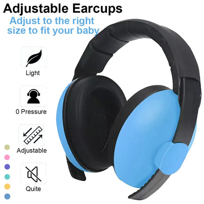 Blue and black adjustable baby ear muffs with soft padding for gentle noise cancelling and kids ear protection