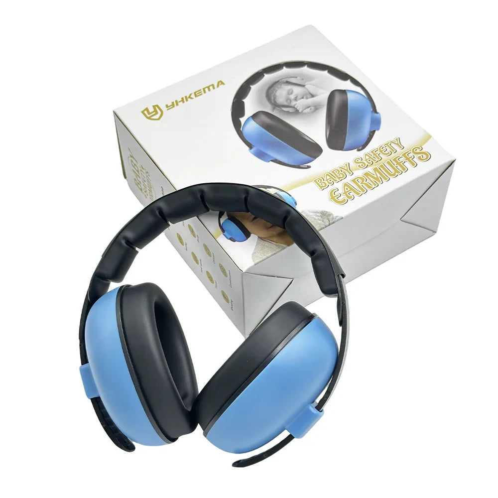 Blue and black yhkema baby safety earmuffs with soft padded ear cups for noise cancelling and kids ear protection