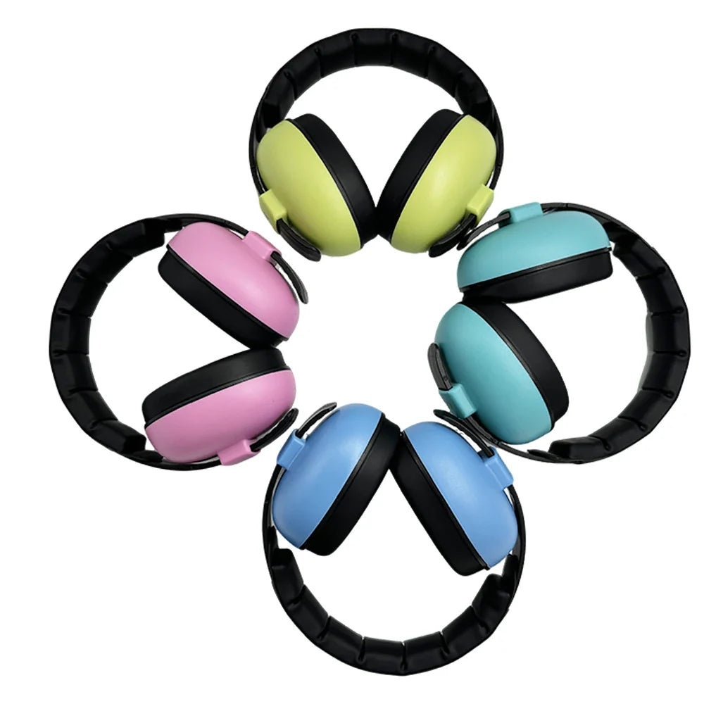 Soft silicone baby ear muffs in pastel colors with black padded headbands for noise cancelling kids ear protection