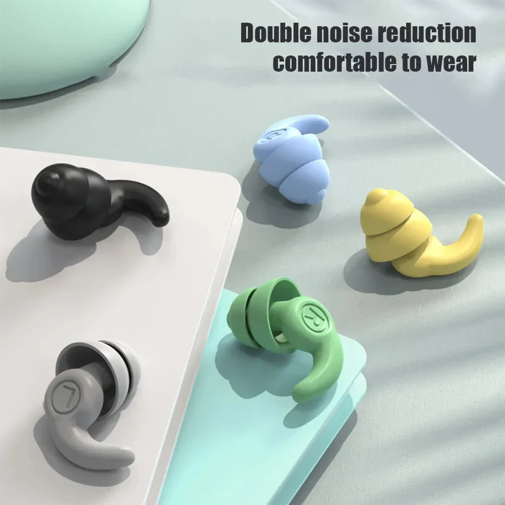 Soft silicone earplugs in black blue yellow green and gray with hook design for secure fit noise reduction silica gel