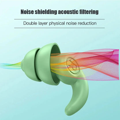 Light green silicone earplug with curved hook design for secure fit made of nano silica gel for noise reduction and sleep protection