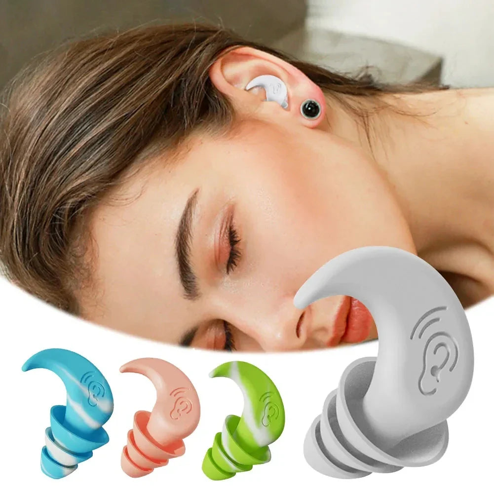 White silicone earplugs with ergonomic design and embossed ear icon for noise reduction and nano silica gel comfort