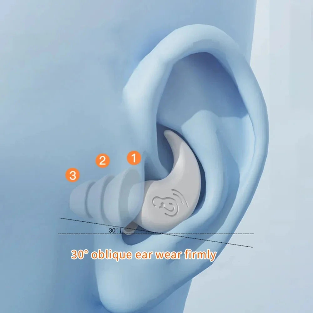 White silicone earplug with ergonomic design and embossed sound wave pattern for noise reduction and swimming use