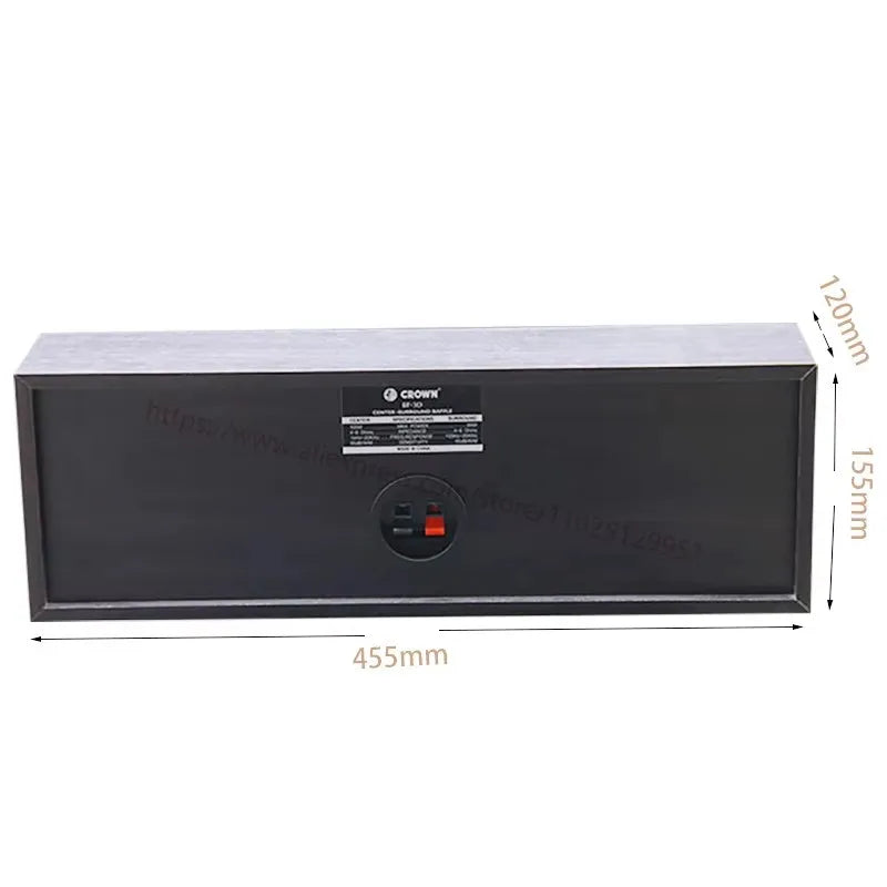Black Crown mr-105 center channel speaker with sleek rectangular design and silver trim for theater combination audio use