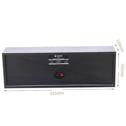 Black Crown mr-105 center channel speaker with sleek rectangular design and silver trim for theater combination audio use