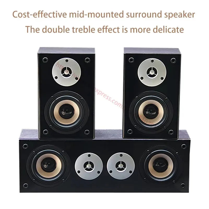 Black 4 inch passive speakers with silver tweeters beige woofers ohm mounted mid surround for theater combination audio