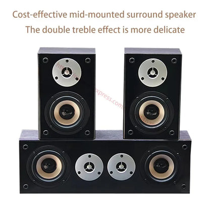 Black 4 inch passive speakers with silver tweeters beige woofers ohm mounted mid surround for theater combination audio