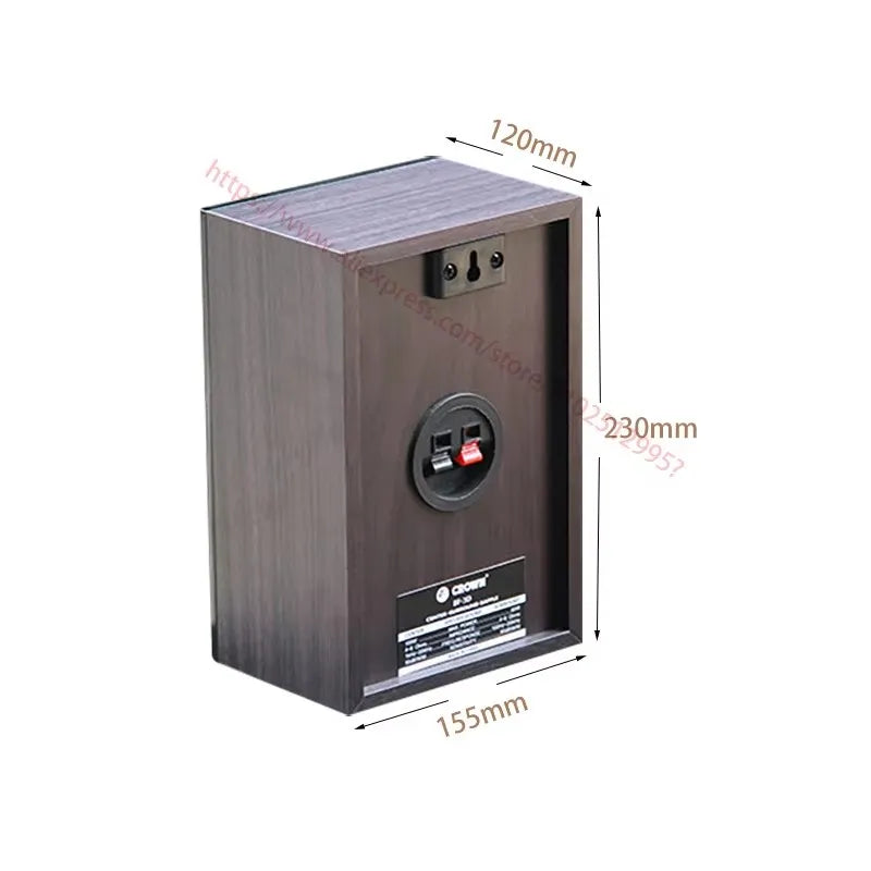 Dark wood-finish 4 inch passive speakers with black circular port ohm mounted mid for theater combination audio use