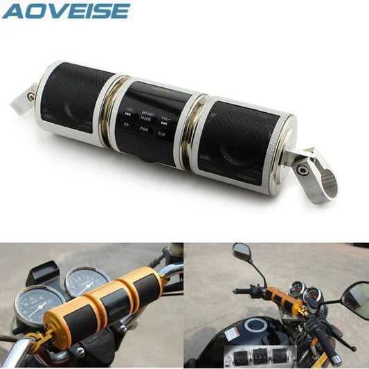 Chrome finished motorcycle handlebar speaker with black mesh grilles and control buttons for aoveise mt487 trendy bt subwoofer motorcycle audio accessories