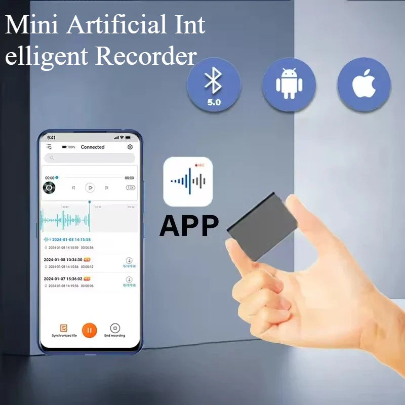 Black rectangular mini voice recorder held in hand featuring digital audio smart noise reduction for meetings