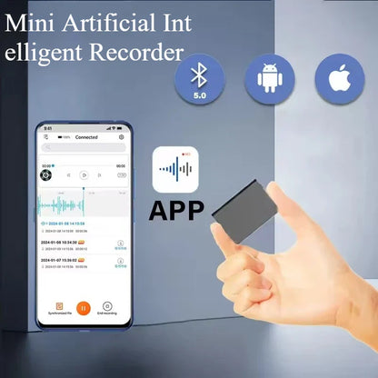 Black rectangular mini voice recorder held in hand featuring digital audio smart noise reduction for meetings